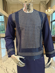 Medium Men’s Navy Blue Parahan Tunban – Premium White/Navy/Brown Machine Embroidery Afghan Outfit
