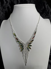 Crystal Rhinestone Statement Necklace & Earrings Set – Silver-Tone Leaf Design with Tassel, 7 Color Options