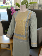 Men’s Sage Green Kameez with Gold and Silver Geometric Machine Embroidery | Large Size