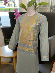 Men’s Sage Green Kameez with Gold and Silver Geometric Machine Embroidery | Large Size
