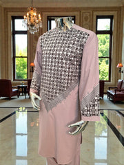 Small Men’s Dusty Rose Parahan Tumban with Black and Silver Geometric Embroidery – Afghan Traditional Outfit