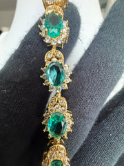 Emerald Green Oval Crystal Halo Link Bracelet – Gold Tone Statement Jewelry 7132