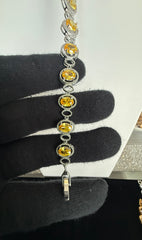 Golden Yellow Oval Crystal Halo Link Bracelet – Silver Tone Statement Bracelet 7095