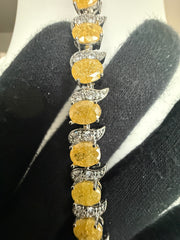 Yellow Crystal Link Bracelet – Silver-Tone Oval Stone & Pavé Swirl Bracelet for Women 7124