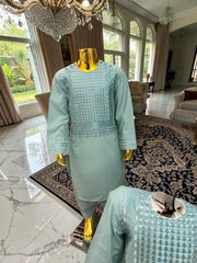 Kids Afghan Parahan Tunban Set – Premium Embroidered Traditional Afghan Outfit for Boys | Sage Green Eid & Wedding Wear (1–12 Years) Design #23