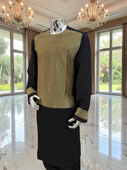 X-Large Afghan Parahan Tunban Kameese Shalwar Black Gold Machine Embroidery