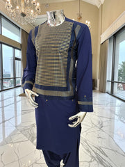 Small Premium Navy Blue Parahan Tunban Set with Gold Machine Embroidery Pattu/chadder