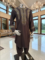 Hand Embroidered Afghan Parahan Tunban – Brown, Small to Extra Small