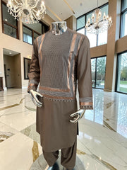 Small Taupe Brown Embroidered Men’s Parahan Tunban Yakhandozi – Premium Traditional Kandahari Yakhan