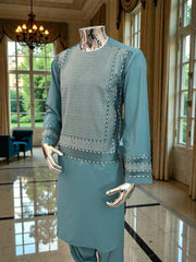 Men’s Teal Kameez with White and Teal Machine Embroidery – Medium Size | Premium Afghan Traditional Wear