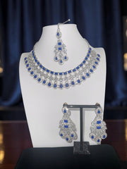 Silver-Tone AD Bridal Necklace Set with Earrings & Maang Tikka – 8 Colors
