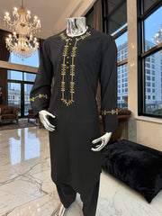 Medium Black Afghan Men’s Parahan Tunban – Premium Machine Embroidery Yakhan Traditional Afghan Outfit