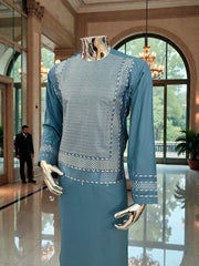 Medium Turquoise Blue Afghan Kameez with White Khamakdozi Embroidery