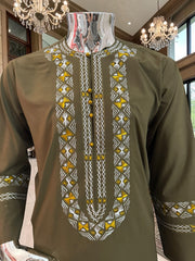 Men’s Olive Green Embroidered Afghan Perahan Tunban Set | S–XL