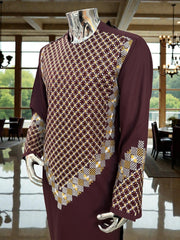 Men’s Maroon Kameez with Gold and White Machine Embroidery – Large Tall | Luqmaan Boutique