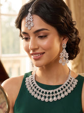 Luxury Clear American Diamond Bridal Jewelry Set with Maang Tikka | Premium Brass Statement Necklace & Earrings Gift Box Included 6034