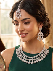 Luxury Clear American Diamond Bridal Jewelry Set with Maang Tikka | Premium Brass Statement Necklace & Earrings Gift Box Included 6034