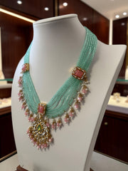 Mint Green & Pink Beaded Kundan Necklace and Earrings Set. 074