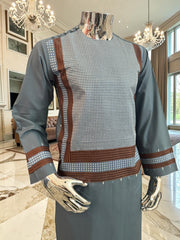 Small Steel Blue Parahan Tunban with White& Brown Embroidery | Premium Afghan Traditional Wear