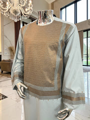 X-Large Blue-Gray Afghan Shalwar Kameez with Bronze Embroidery Yakhandozi | Luxury Men’s Traditional Wear