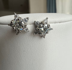 Moissanite Floral Starburst Stud Earrings – Brilliant Halo Silver Tone Earrings 7161