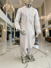 X-Small to Small Men’s White Afghan Parahan Tunban – Handmade Gold Embroidery on Chest & Sleeves