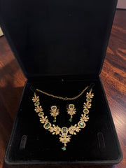 Luxury Gold Tone Green Crystal Floral Statement Necklace & Earrings Set | Gift-Ready Black Jewelry Box Included 6071