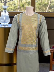 Men’s Sage Green Kameez with Gold and Silver Geometric Machine Embroidery | Large Size