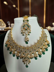 Emerald Green Kundan Bridal Jewelry Set – Gold Tone Indian Pakistani Afghan Wedding Necklace Set with Earrings & Maang Tikka 7017
