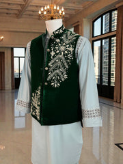 Small Emerald Green Velvet Waistcoat– Hand-Embroidered Silver Zari & Dabka Work