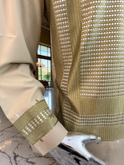 Large Men’s Tan Parahan Tunban with Green & White Machine Embroidery – Premium Afghan Outfit