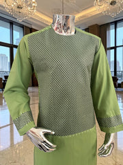 Medium Afghan Parahan Tunban Kameese Shalwar Green Machine Embroidery