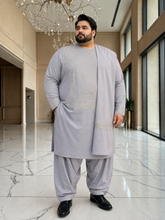 Men’s Light Gray Silver Embroidered 3-Piece Parahan Tunban with Matching Tunban & Shawl | Size XXL 7220