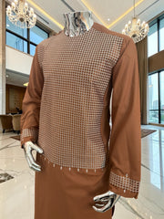 Medium Afghan Parahan Tunban Kameese Shalwar Brown Machine Embroidery