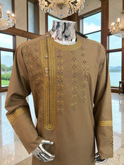 X-Large Afghan Parahan Tunban Kameese Shalwar Brown Hand Embroidery