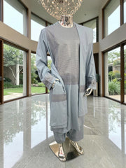 Men’s Blue Gray Embroidered Afghan Parahan Tunban with Matching Shawl – XXL