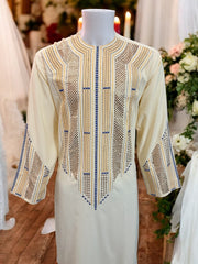 Afghan Parahan Tunban for Men Ivory Gold and Blue Shesha Mirror Work Machine Embroidered X-Large 3