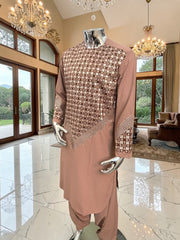 Small Men’s Tan Parahan Tumban with White & Tan Embroidery Afghan Kameese shalwar