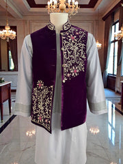 Medium Purple Velvet Men’s Waistcoat – Hand-Embroidered Zari, Dabka & Stonework Medium