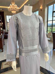 XL Afghan Men’s Kameez – Pale Lilac with Silver & Brown Embroidery | High-Quality Traditional Outfit
