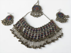 Handmade 3-Piece Afghan Jewelry Set – Vintage Tribal Statement Necklace, Matching Earrings & Headpiece | Traditional Kuchi Boho Festival Jewelry for Women 010