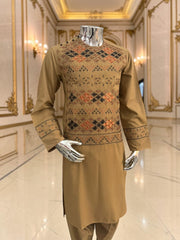 Hand Embroidered Camel Tan Afghan Parahan Tunban with Matching Shawl 5024