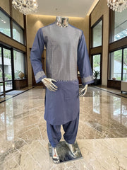 Small Afghan Parahan Tunban Kameese Shalwar Slate Blue Silver Machine Embroidery