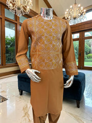 Medium Mens Afghan Parahan Tunban Set – Caramel Brown Premium Embroidered Traditional Outfit with Matching Chadder/patto