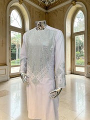 Premium White Afghan Parahan Tunban with Silver Shesha Mirror Work