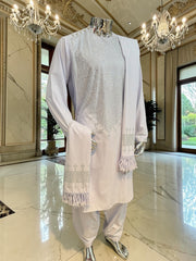 White Chadder Shawl with Shesha Mirror work and Fringe at the end