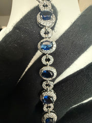 Royal Blue Oval Crystal Link Bracelet – Silver-Tone Halo Statement Bracelet for Women 7126