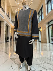 Large Men’s Black Parahan Tunban with White & Bronze Embroidery | Premium Afghan Traditional Wear – Luqmaan Boutique