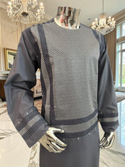 X-Large Charcoal Grey Men’s Shalwar Kameez Yakhandozi with Matching Grey and White Geometric Embroidery | Premium Traditional Wear
