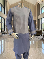 Small Afghan Parahan Tunban Kameese Shalwar Slate Blue Silver Machine Embroidery